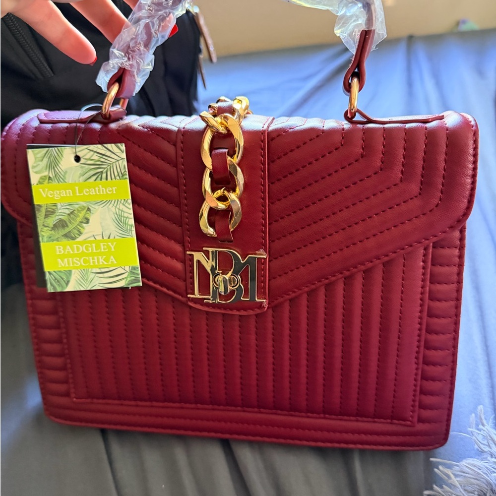 Badgley Mischka Burgundy Quilted Bag with Gold Chain